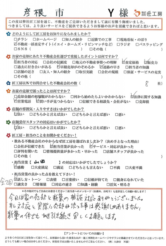 彦根市 　Y様【不動産を売却】	